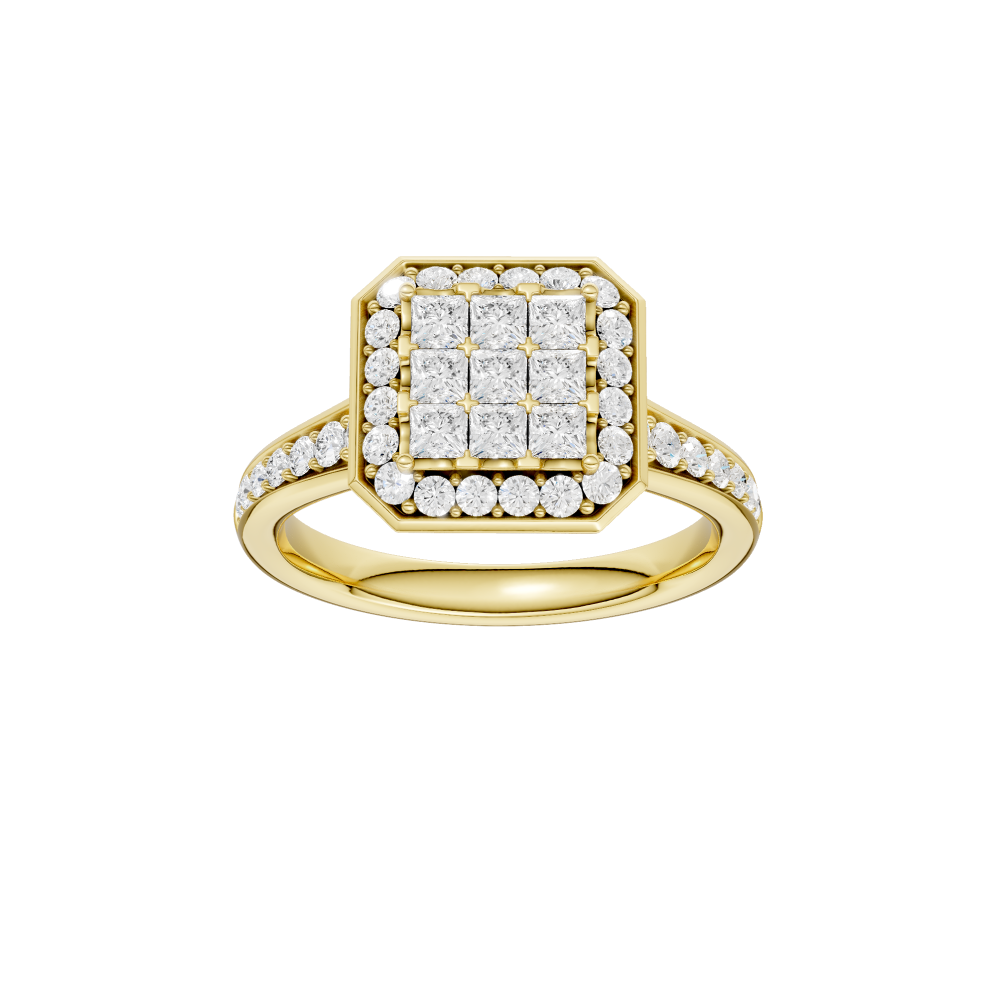 Złoty pierścionek z brylantami o efektownym wzorze z kwadratowym elementem