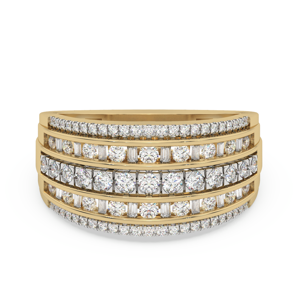 Złoty pierścionek z brylantami z trzema rzędami błyszczących diamentów w eleganckim designie