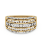 Złoty pierścionek z brylantami z trzema rzędami błyszczących diamentów w eleganckim designie
