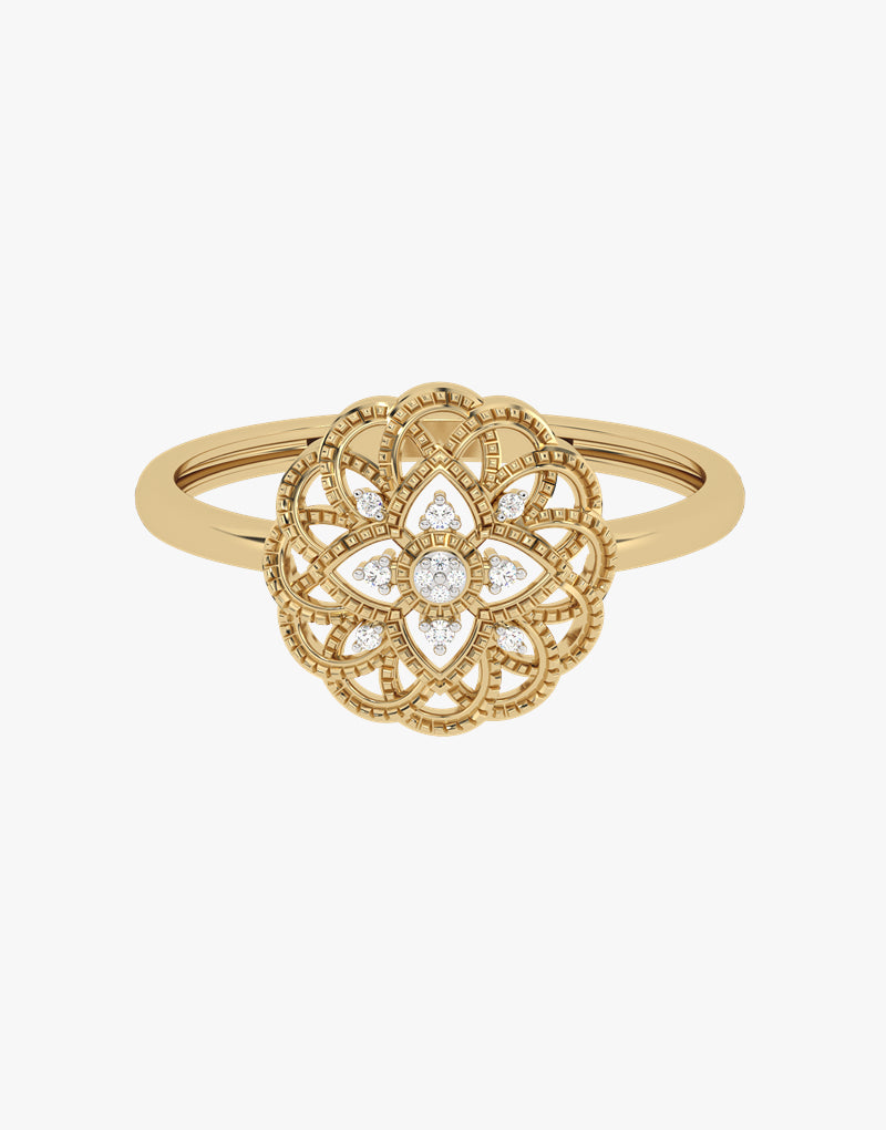 Złoty pierścionek z brylantem o eleganckim wzorze kwiatowym, idealny na wyjątkowe okazje