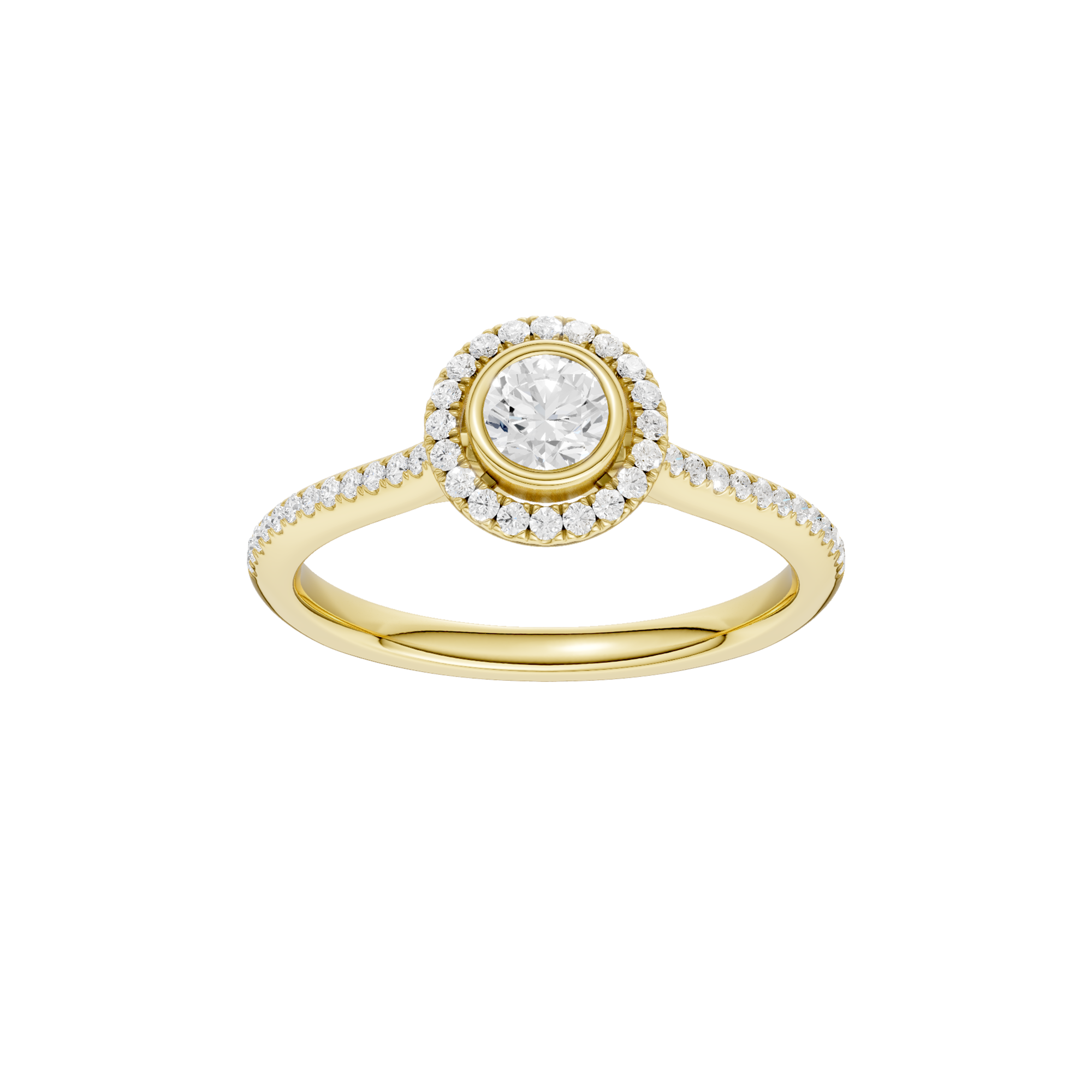 Złoty pierścionek z brylantem halo z centralnym diamentem i diamentową obrączką od Venetia Jewels