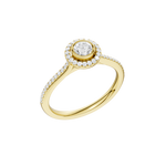 Złoty pierścionek z brylantem halo, zdobiony drobnymi diamentami na obrączce