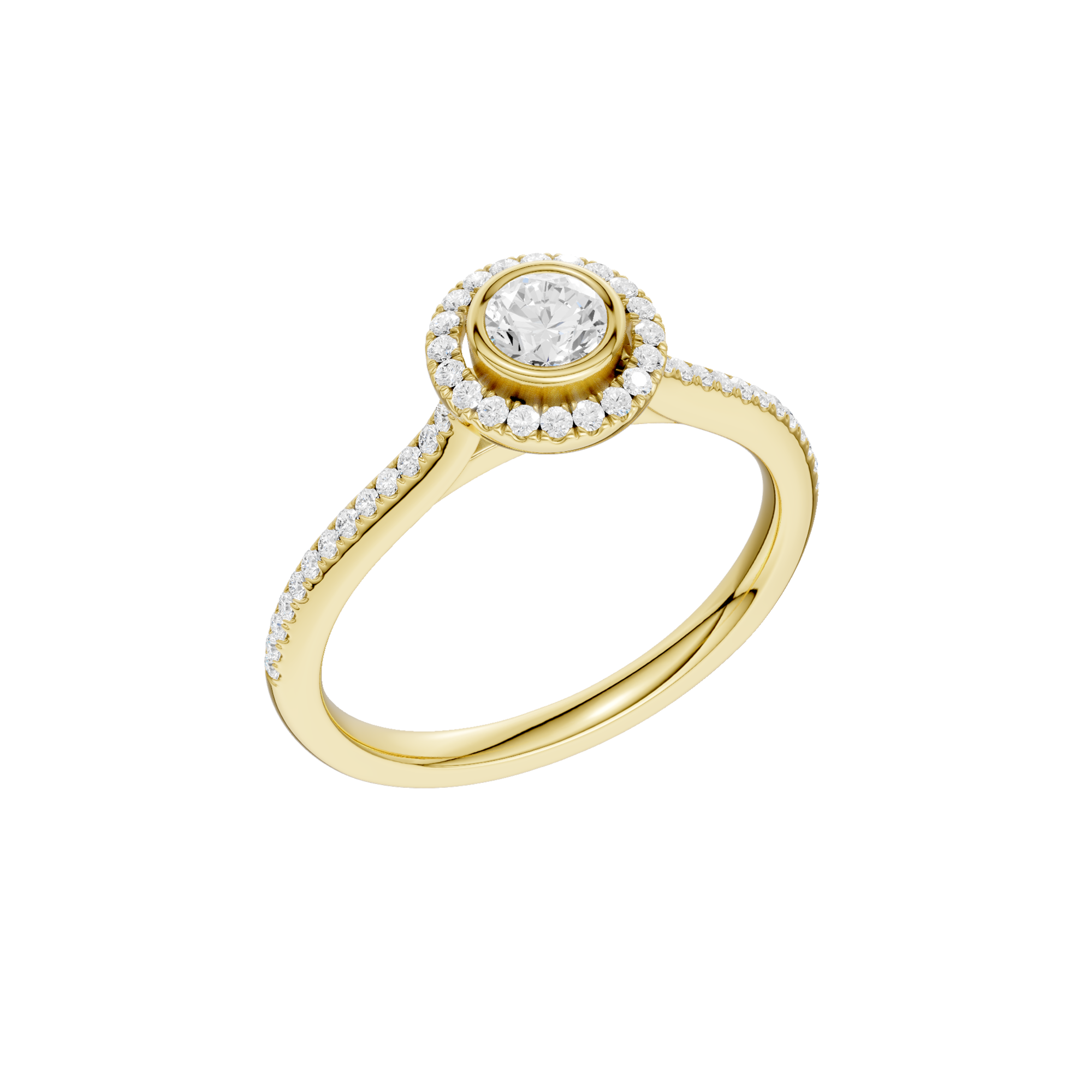 Złoty pierścionek z brylantem halo, zdobiony drobnymi diamentami na obrączce