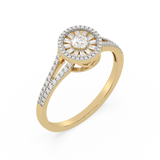 Elegancki złoty pierścionek z brylantem z wysadzaną obrączką i ozdobnym diamentowym elementem