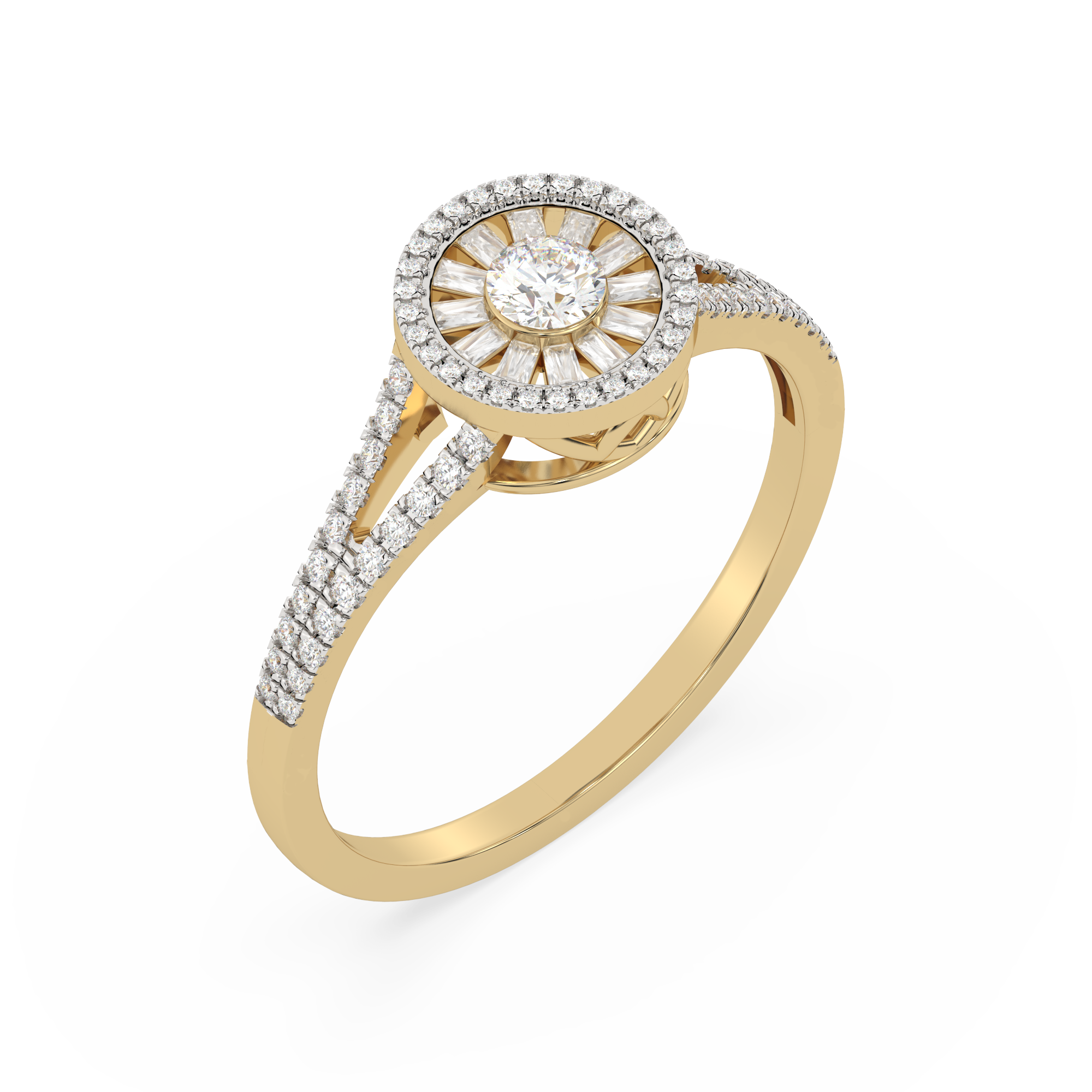 Elegancki złoty pierścionek z brylantem z wysadzaną obrączką i ozdobnym diamentowym elementem