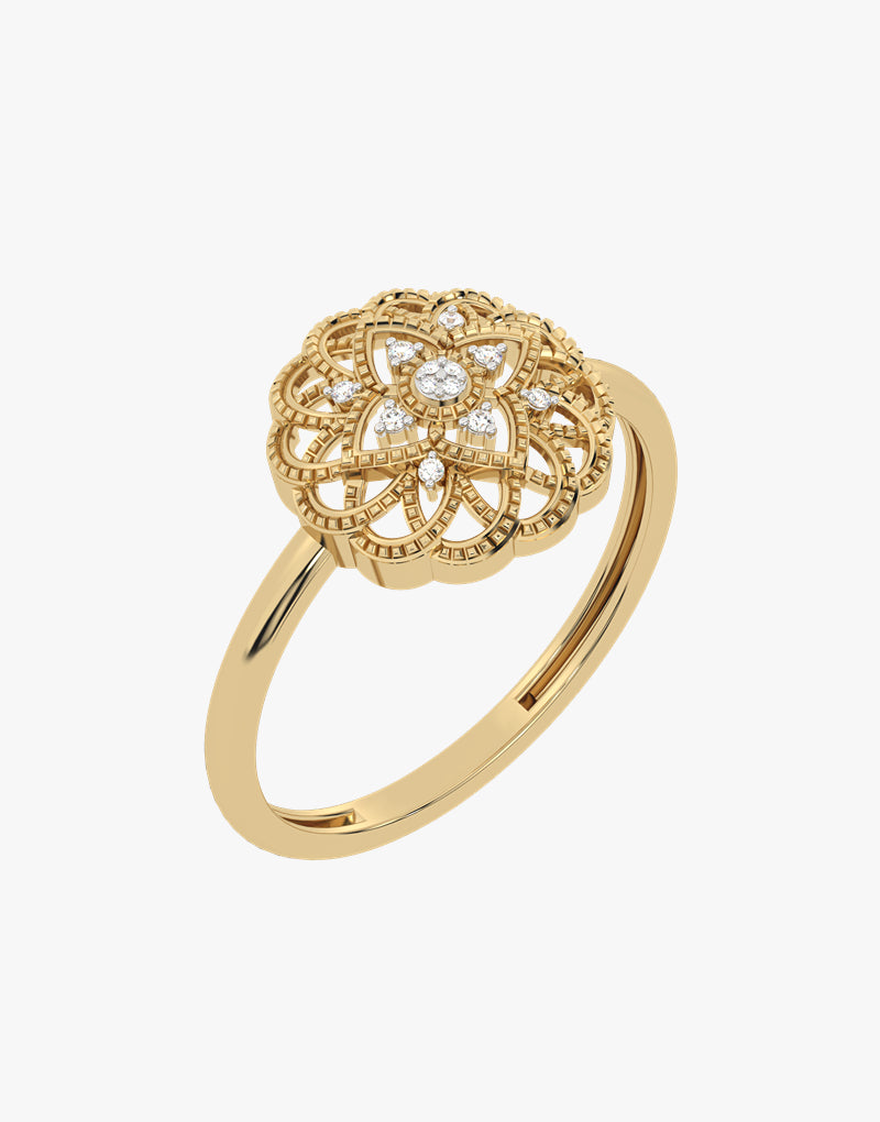 Złoty pierścionek z brylantem o wyjątkowym wzorze kwiatowym z subtelnymi detalami