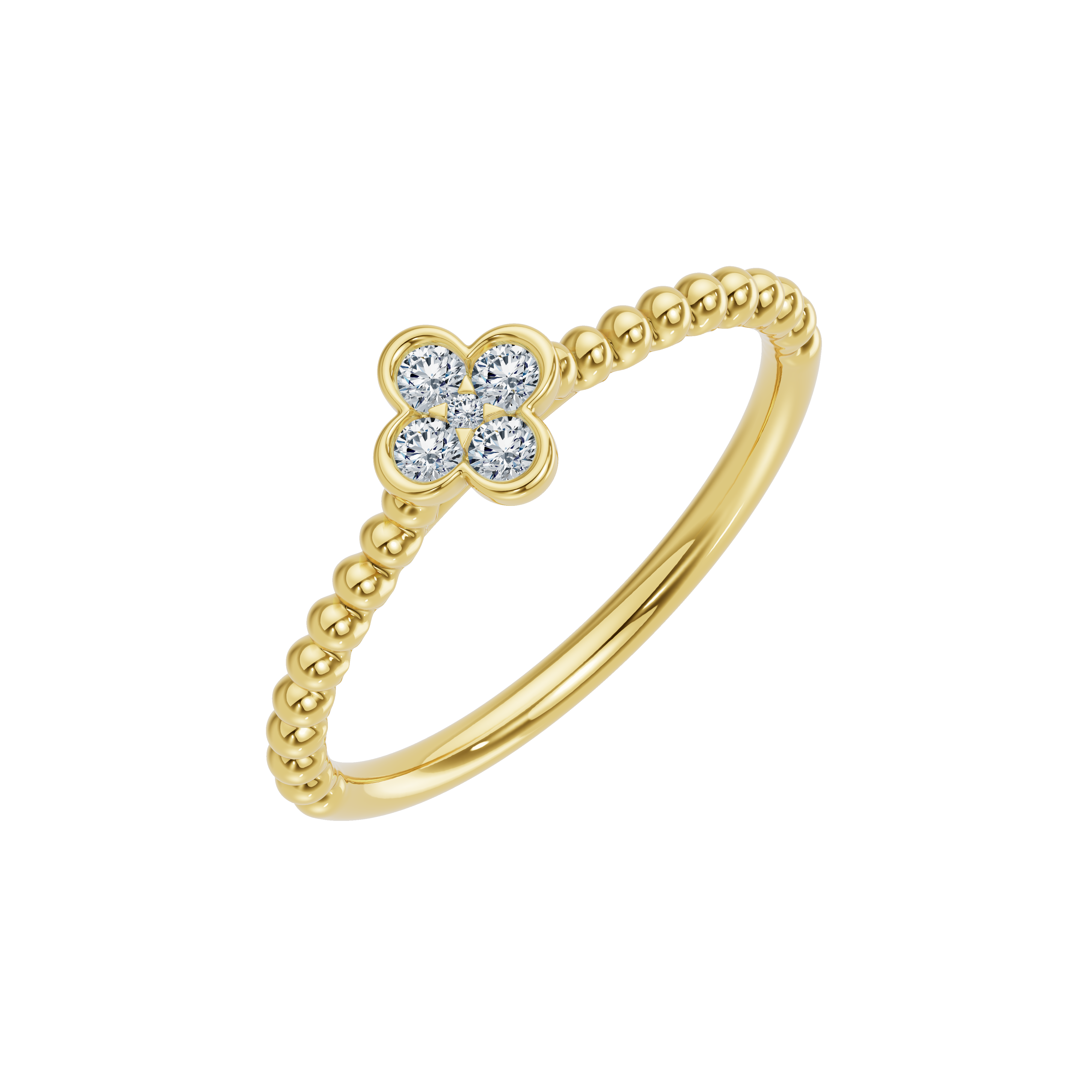 Złoty pierścionek z koniczynką i brylantami od Venetia Jewels z delikatnym, kulistym wzorem