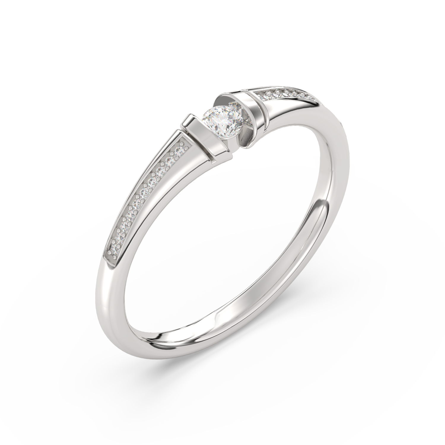 Złoty pierścionek z pół-paskami brylantów z eleganckim wykończeniem i centralnym diamentem