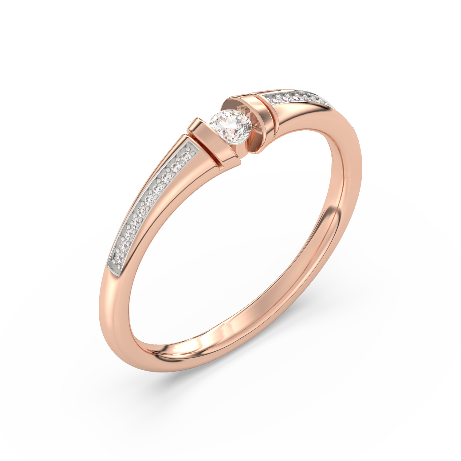 Złoty pierścionek z pół-paskami brylantów o nowoczesnym designie i eleganckim wykończeniu.