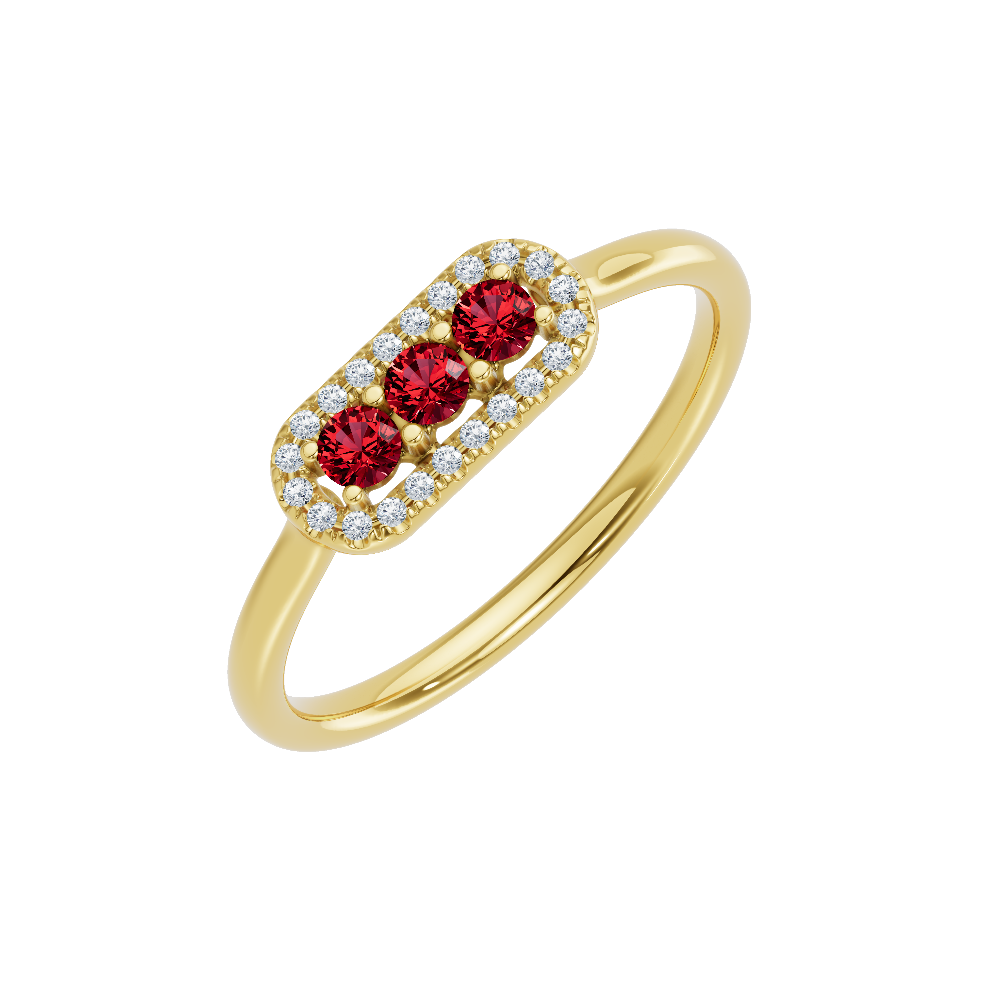 Złoty pierścionek z rubinami i brylantami z trzema rubinami otoczonymi diamentami