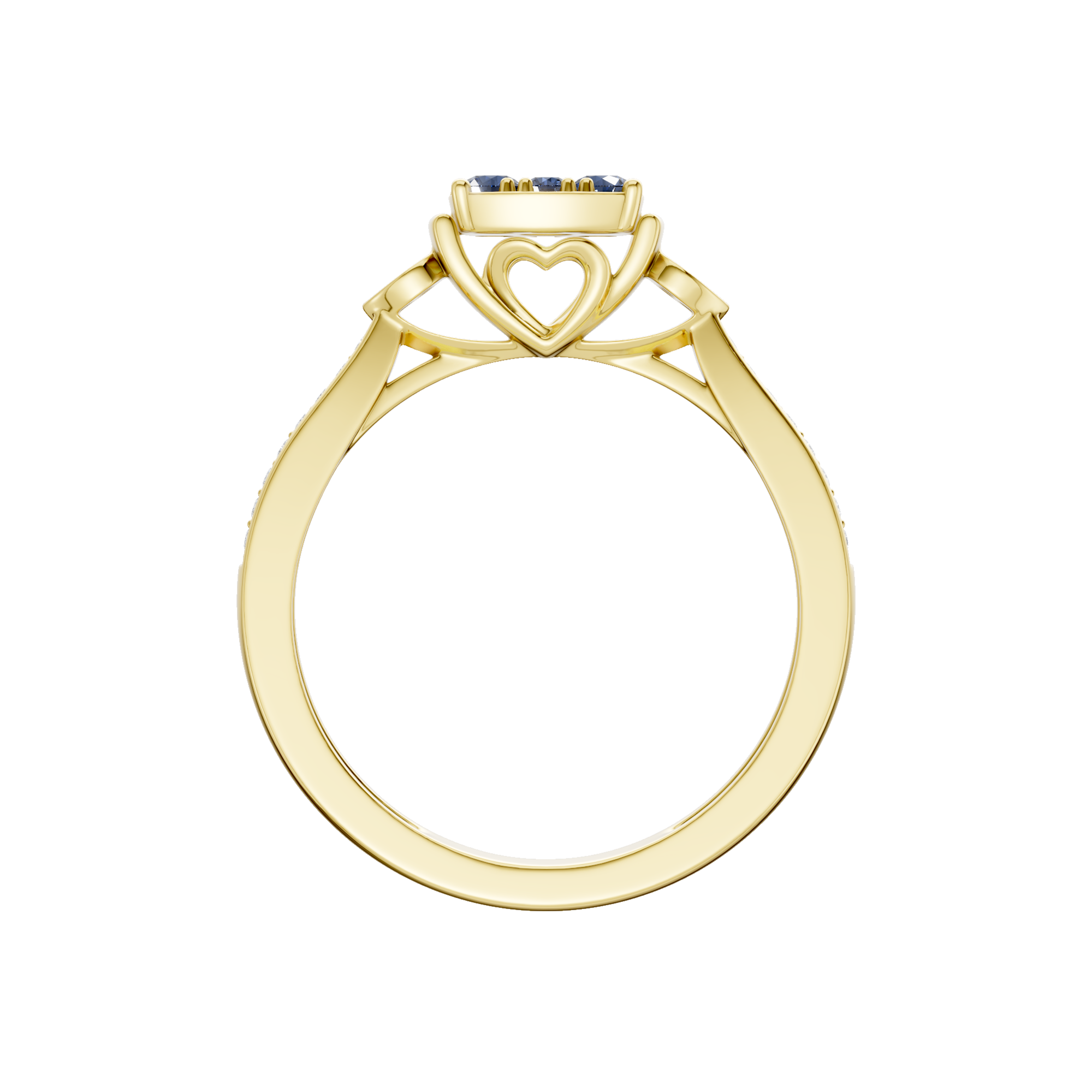 Złoty pierścionek z szafirami i brylantami z sercowym wycięciem na obrączce