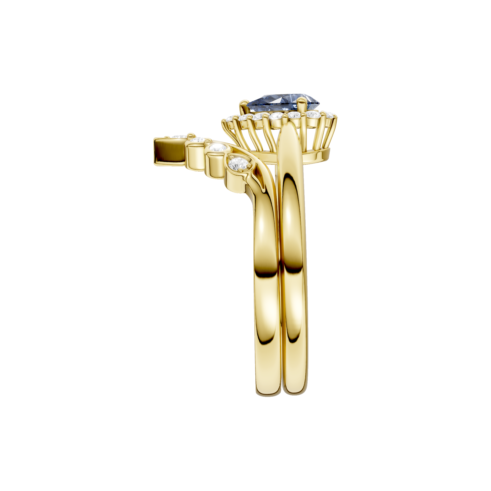 Złoty pierścionek z szafirem z delikatnym wykończeniem i efektownymi kamieniami ozdobnymi