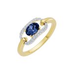 Złoty pierścionek z szafirem i brylantami o eleganckim kształcie i blasku