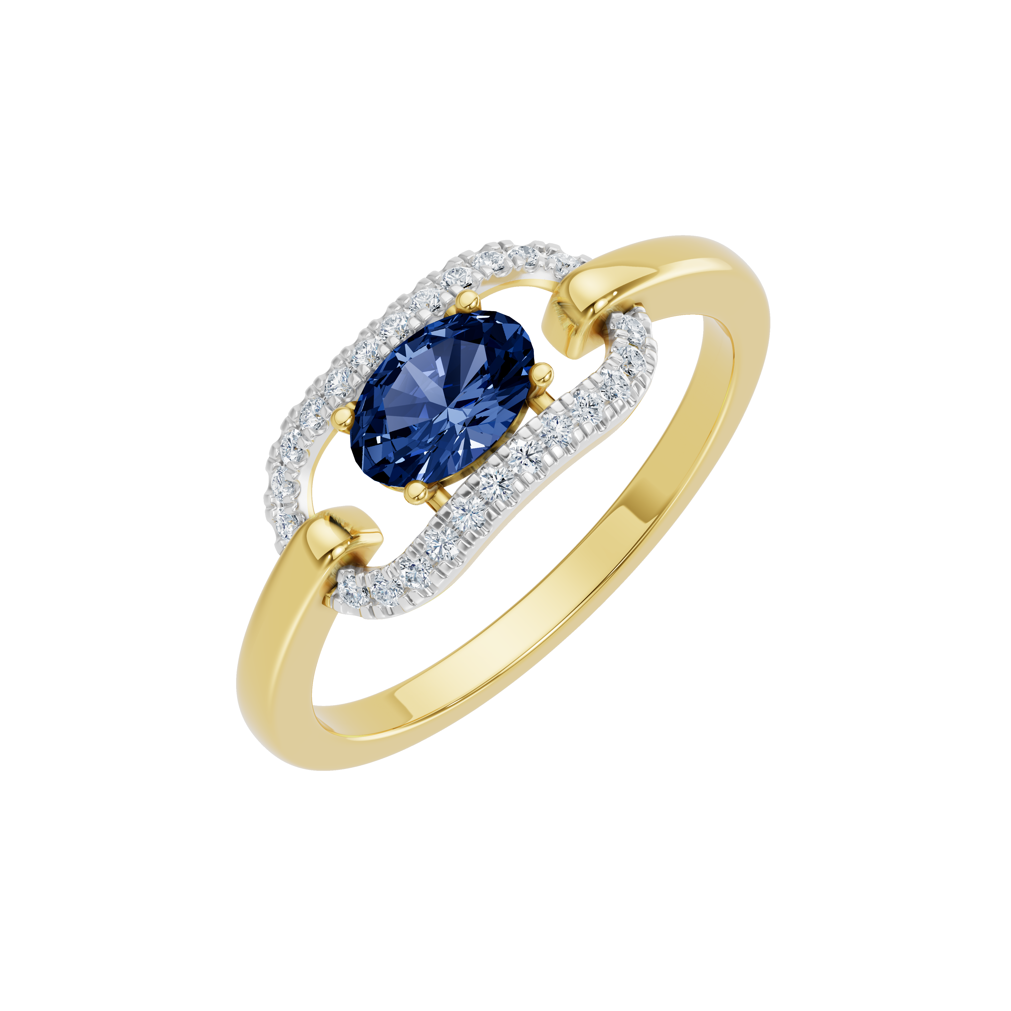 Złoty pierścionek z szafirem i brylantami o eleganckim kształcie i blasku