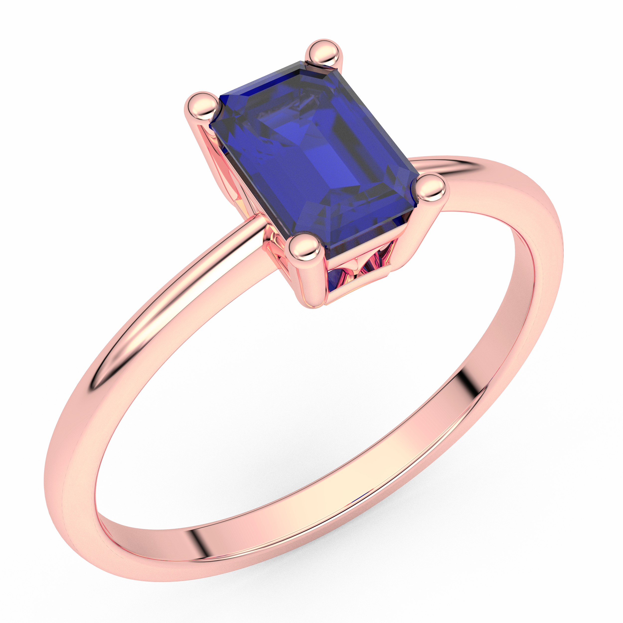 Złoty pierścionek z szafirem w kształcie prostokąta na różowej obrączce ze stali szlachetnej
