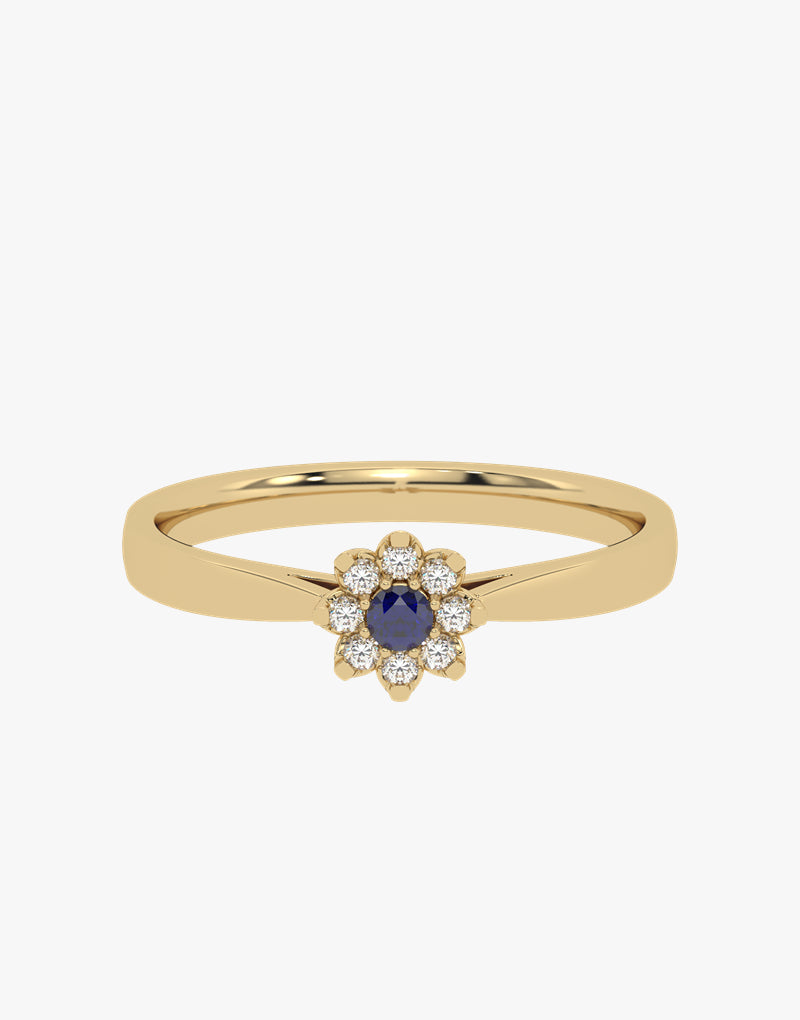 Delikatny złoty pierścionek z szafirem i diamentami w kształcie kwiatka od Venetia Jewels