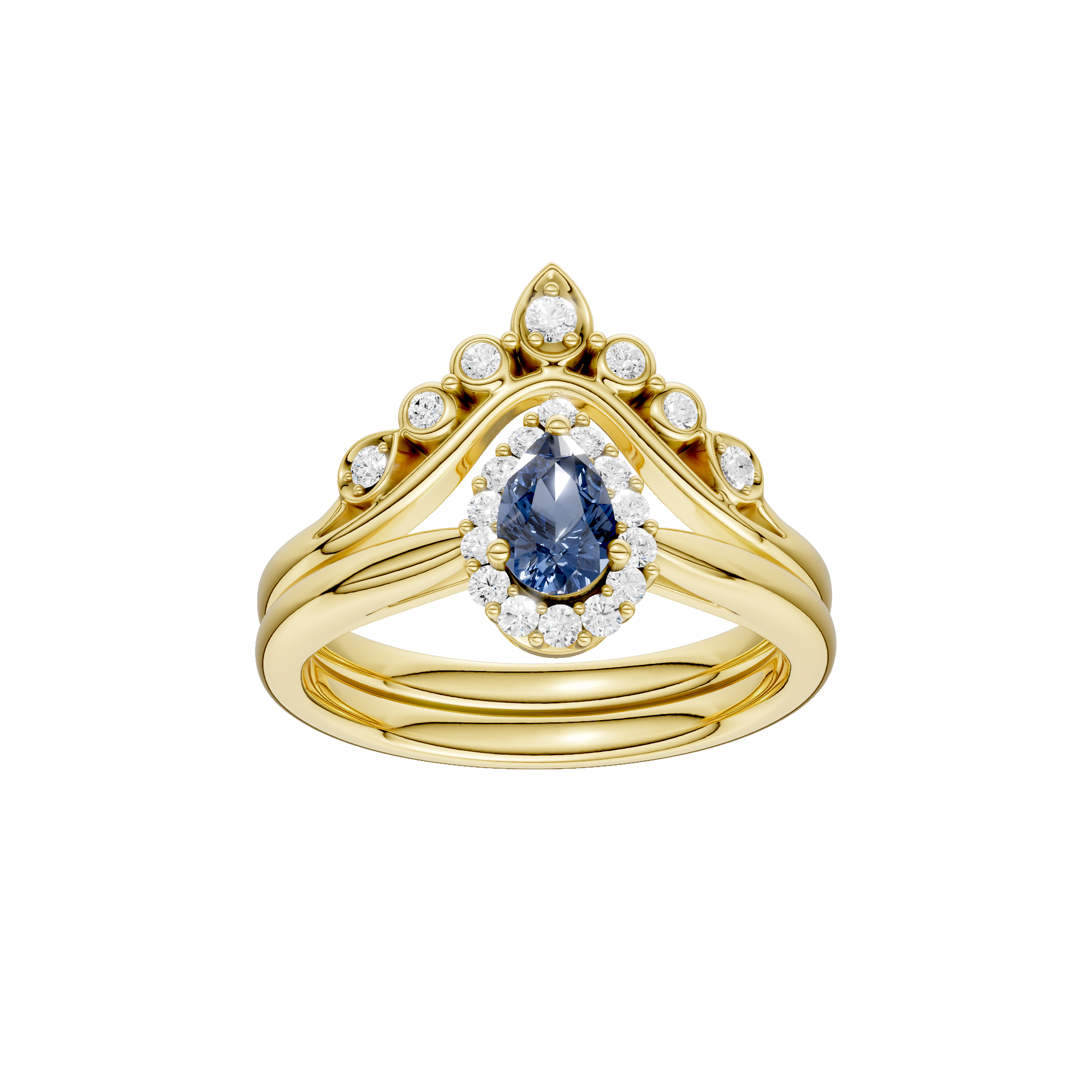 Złoty pierścionek z szafirem otoczony diamentami w eleganckiej konstrukcji od Venetia Jewels