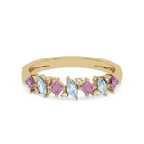 Złoty pierścionek z topazem i brylantami, ozdobiony kolorowymi kamieniami szlachetnymi