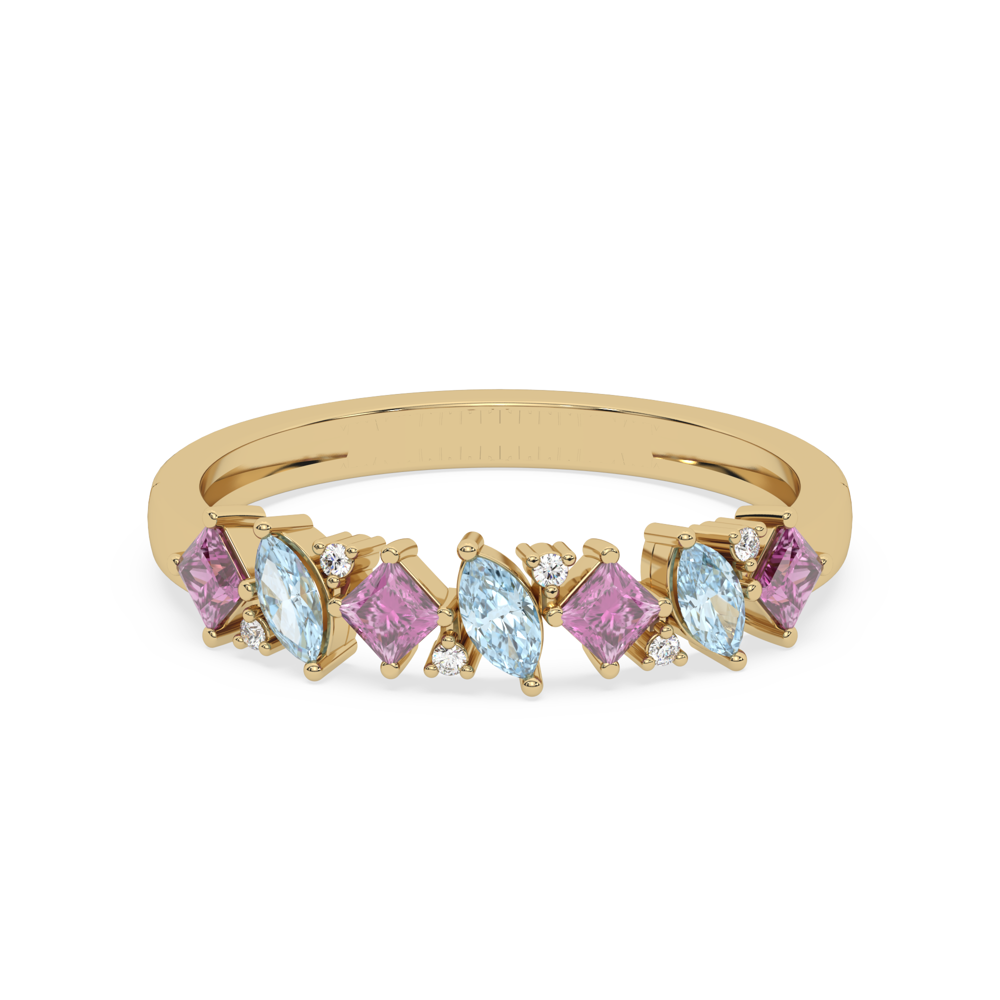 Złoty pierścionek z topazem i brylantami, ozdobiony kolorowymi kamieniami szlachetnymi