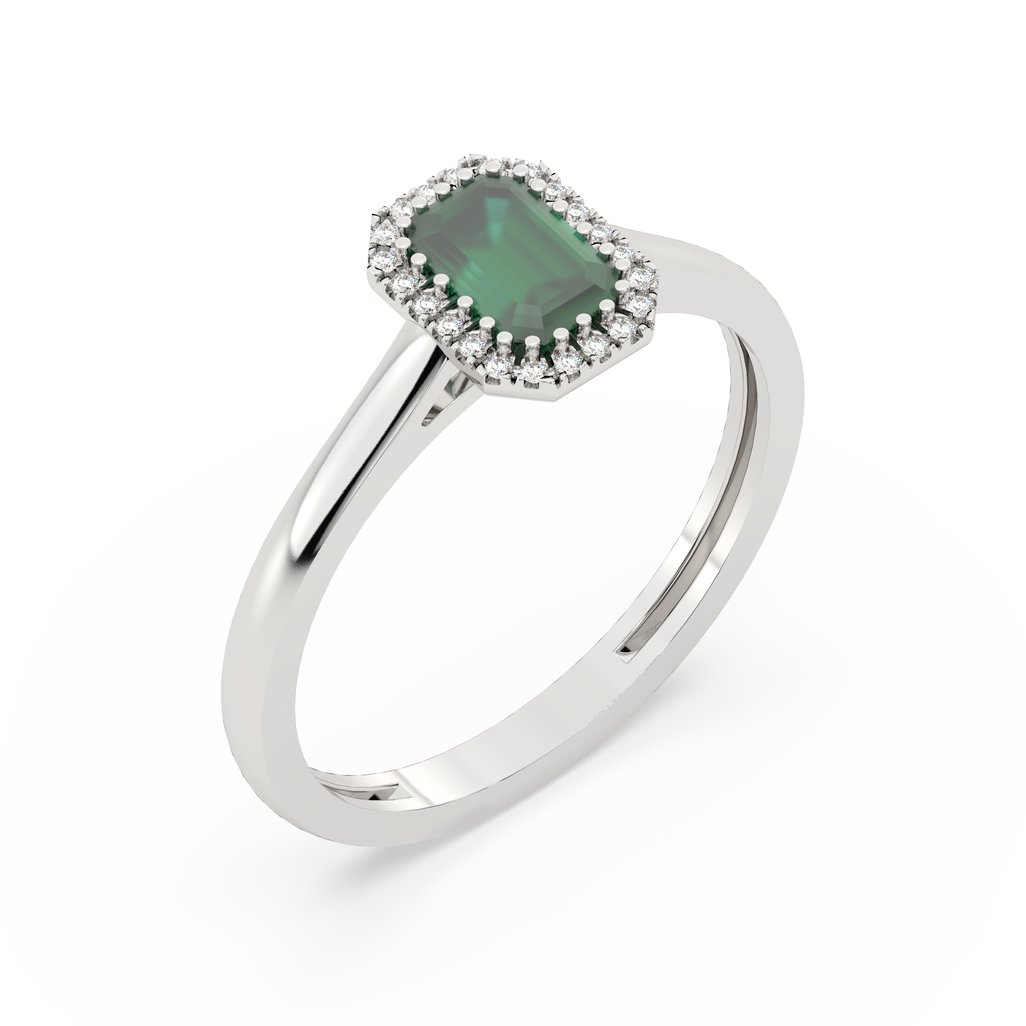 Elegancki złoty pierścionek ze szmaragdem otoczony diamentami, idealny na wyjątkowe okazje