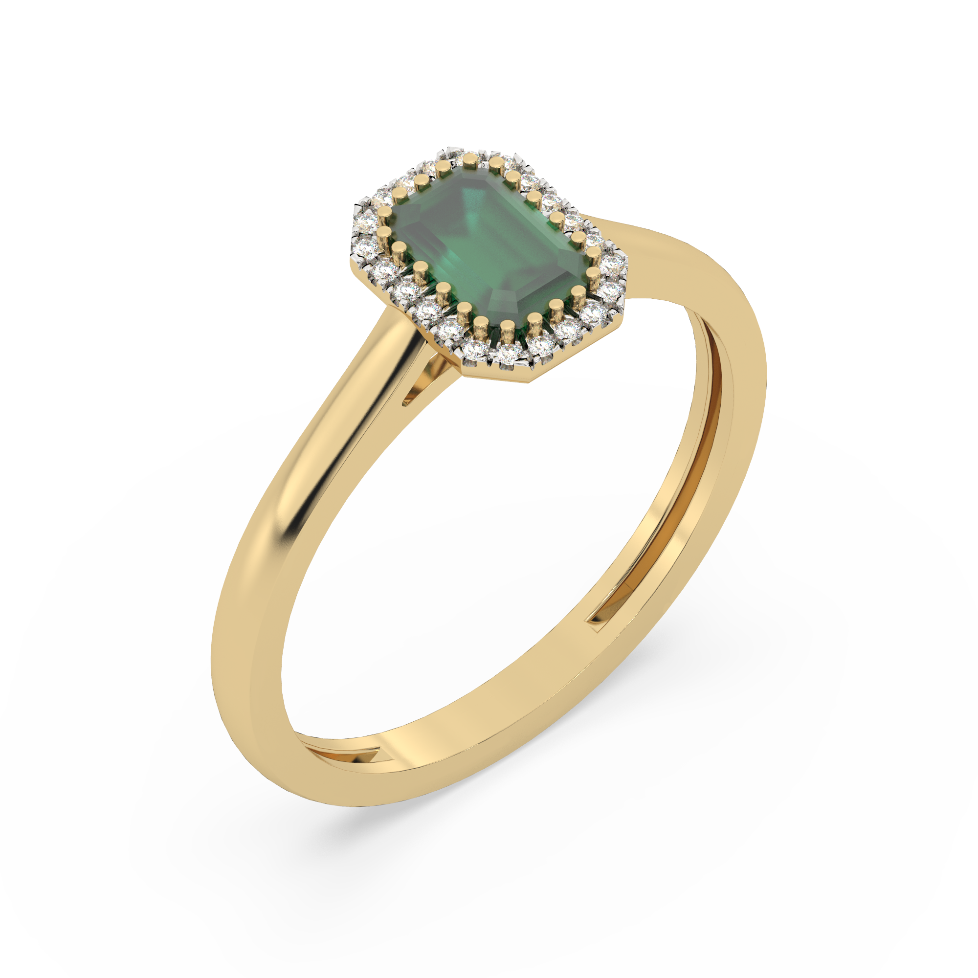 Złoty pierścionek ze szmaragdem otoczony diamentami w eleganckim designie od Venetia Jewels