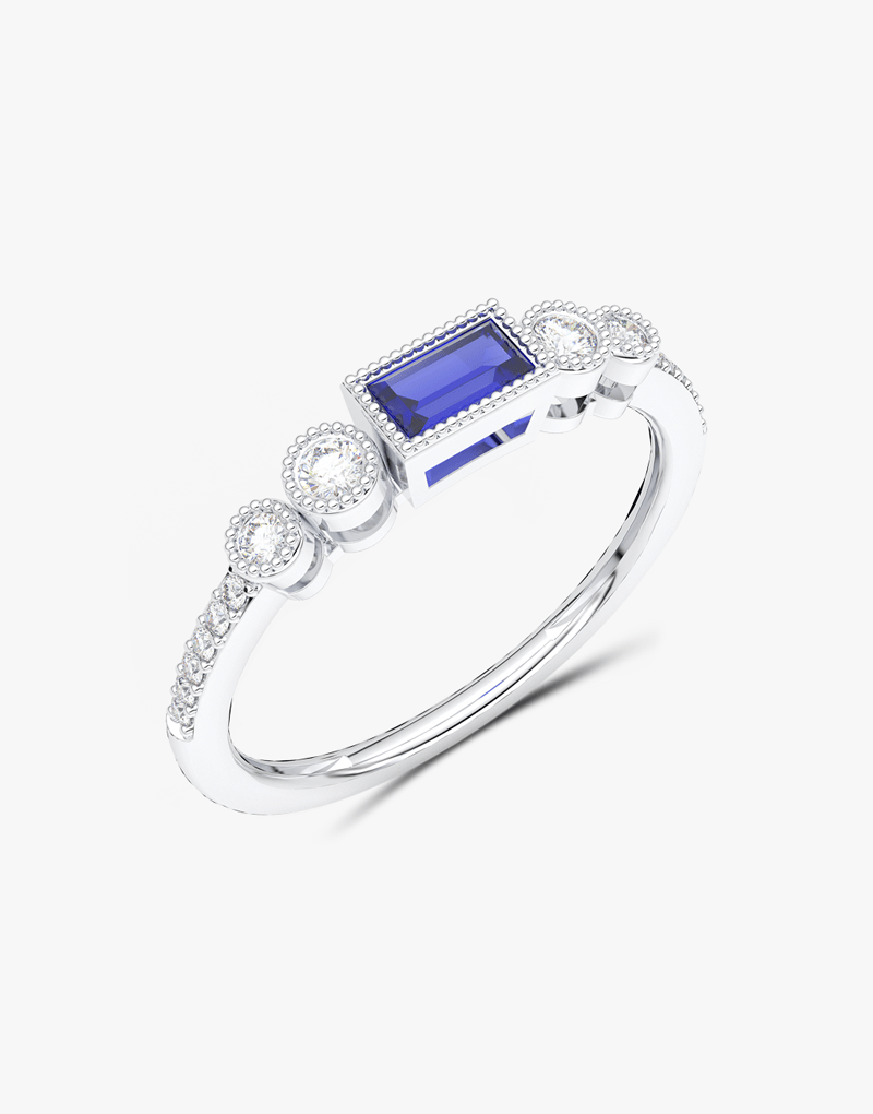 Klasyczny Szafirowy Pierścionek z Brylantowymi Okręgami Biały - Venetia Jewels - 14K złoto z brylantami