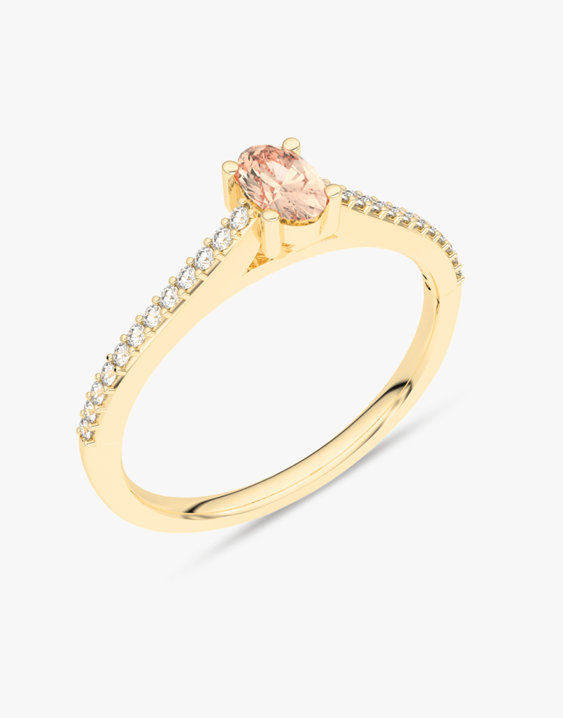 Złoty pierścionek z morganitem i brylantami na cienkiej obrączce, elegancki i stylowy