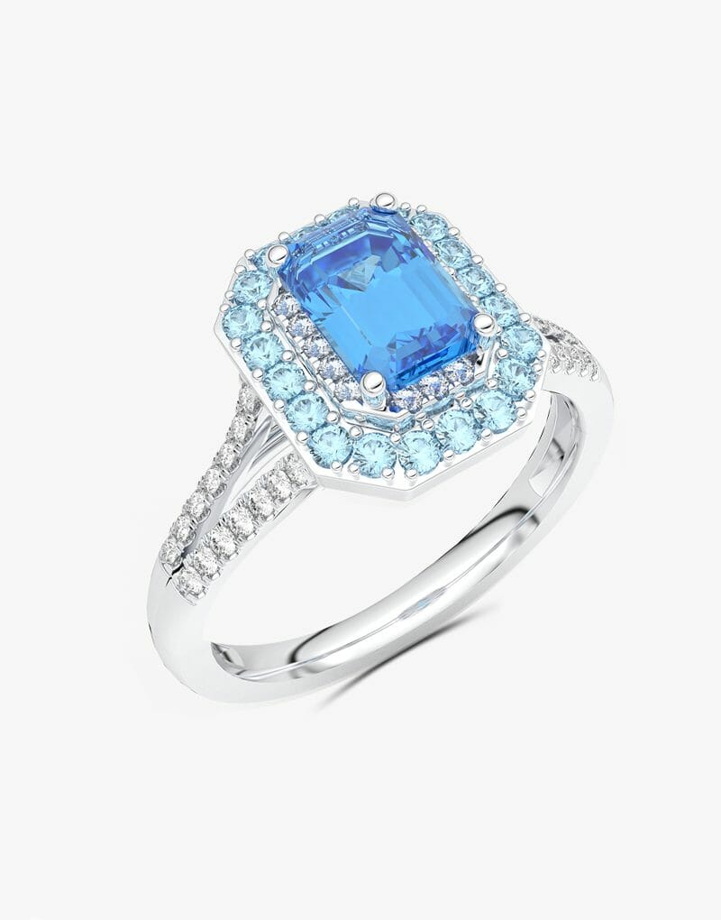 Elegancki pierścionek z niebieskim topazem i brylantami w srebrnej oprawie od Venetia Jewels