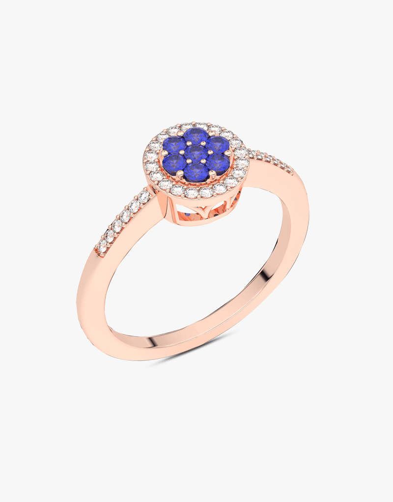 Elegancki pierścionek z szafirem i diamentami od Venetia Jewels w różowym złocie