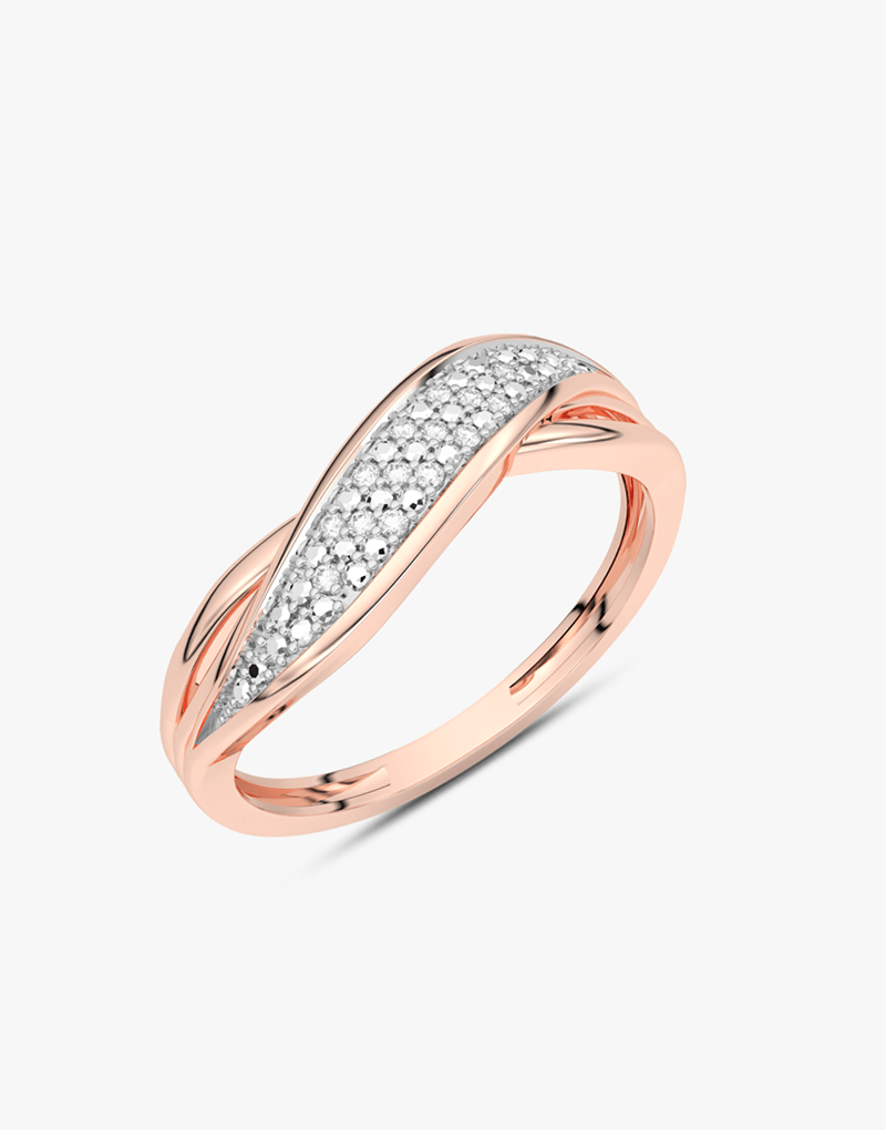 Elegancki pierścionek z brylantami 14k w złocie różowym, z falującym wzorem i błyszczącymi diamentami