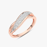 Elegancki pierścionek z brylantami 14k w złocie różowym, z falującym wzorem i błyszczącymi diamentami