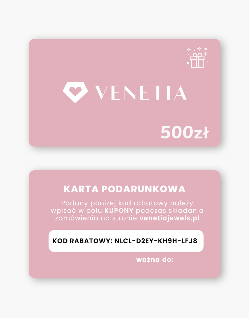 Różowa karta podarunkowa na biżuterię o wartości 500 zł od Venetia Jewels