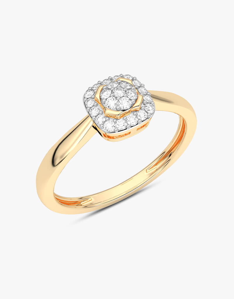 Złoty pierścionek z brylantami w kształcie kwiatu z błyszczącymi diamentami