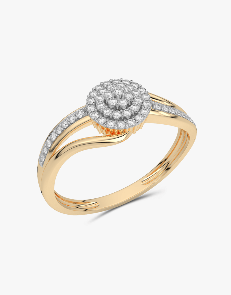 Złoty pierścionek z brylantami o okrągłej koronie i delikatnym wzorze w świecącym wykończeniu