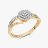 Złoty pierścionek z brylantami o okrągłej koronie i delikatnym wzorze w świecącym wykończeniu