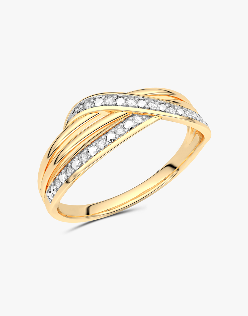 Złoty pierścionek z brylantami o unikalnym wzorze z delikatnymi falami