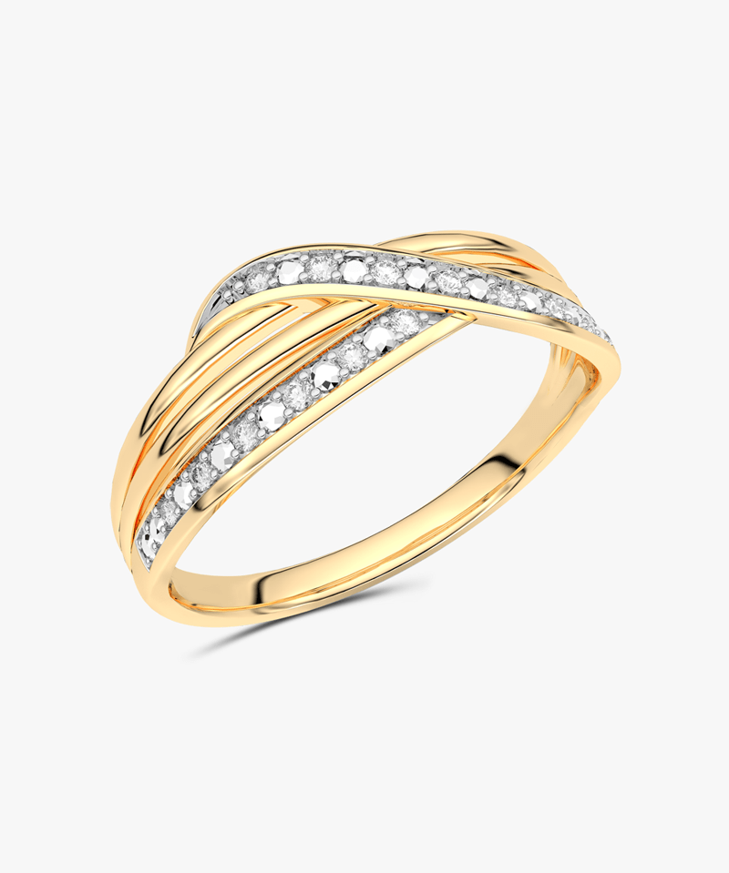 Złoty pierścionek z brylantami o unikalnym wzorze z delikatnymi falami