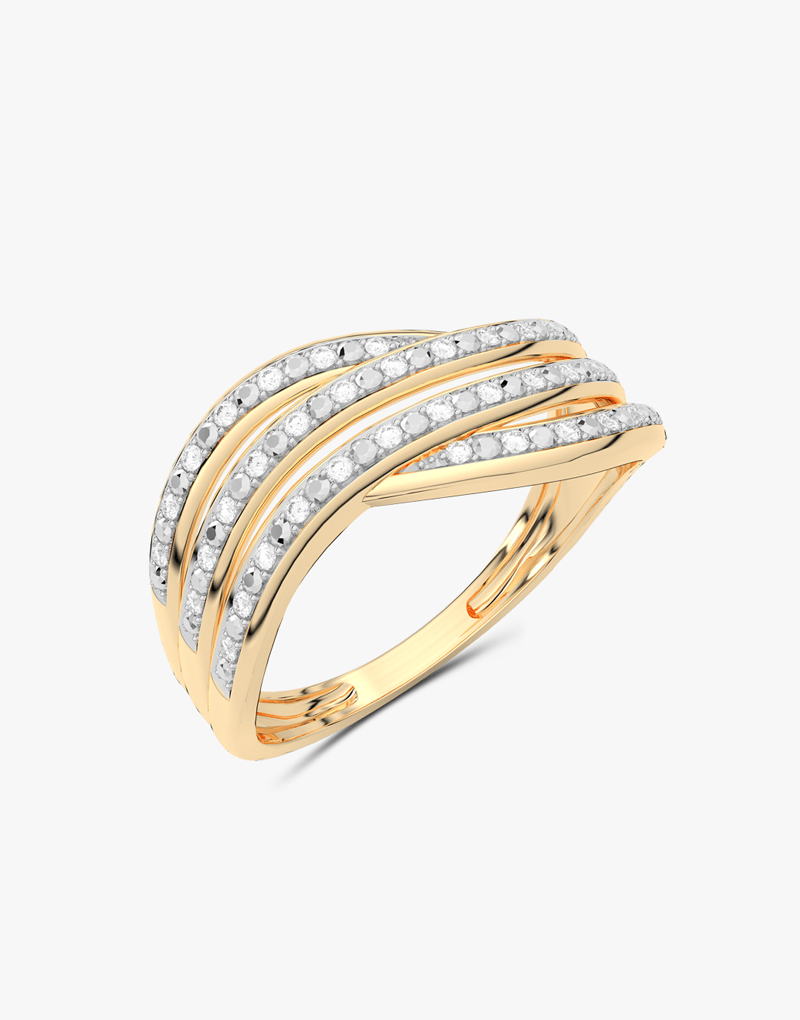 Złoty pierścionek z brylantami od Venetia Jewels z eleganckim wzorem wielowarstwowym