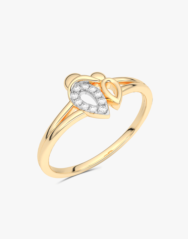 Złoty pierścionek z brylantami z delikatnym wzorem w kształcie kropli