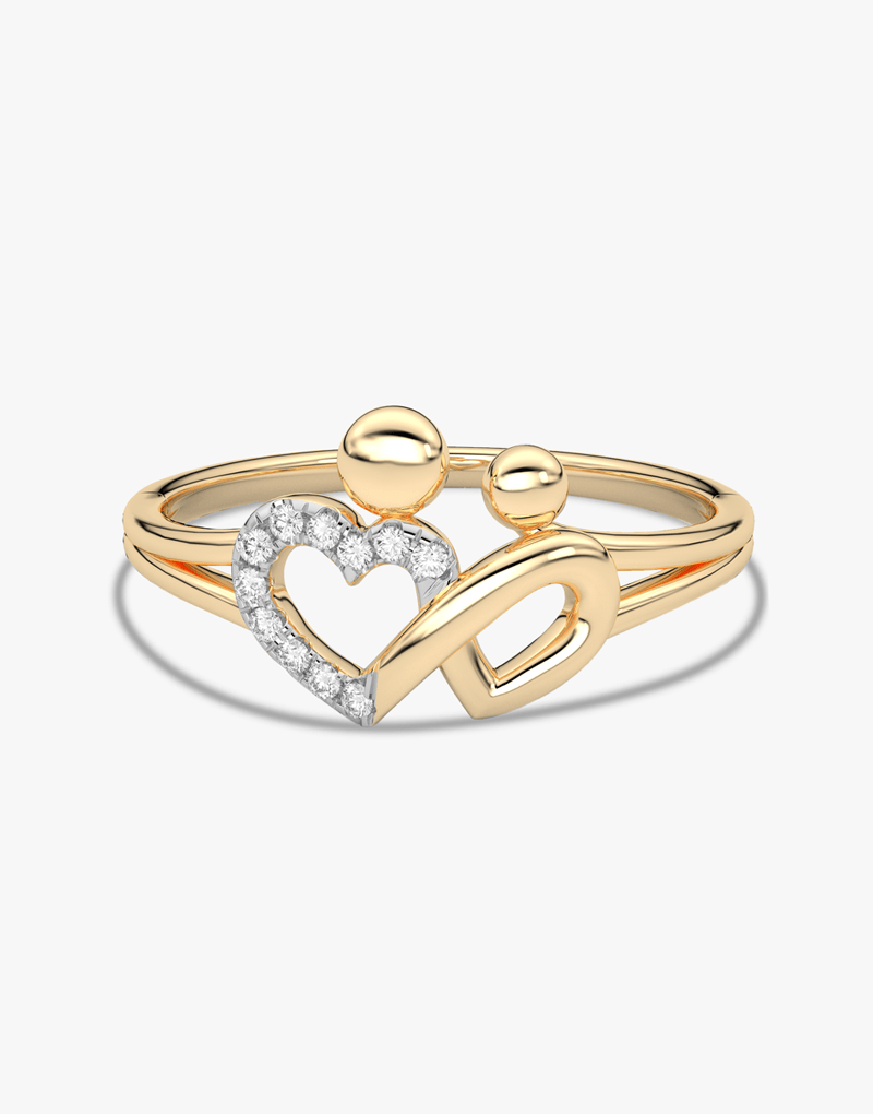 Złoty pierścionek z sercem i znakiem nieskończoności, wykonany z złota 585, ozdobiony diamentami