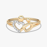 Złoty pierścionek z sercem i znakiem nieskończoności, wykonany z złota 585, ozdobiony diamentami