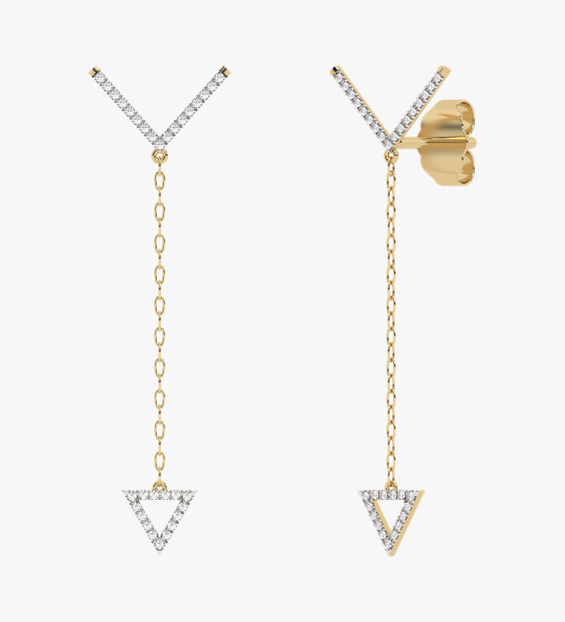 Złote kolczyki wiszące z trójkątnym akcentem i brylantami żółty - Venetia Jewels - 14K złoto z brylantami