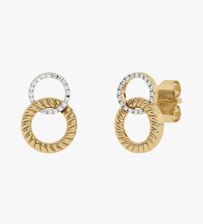 Złote kolczyki sztyfty z plecionymi okręgami i brylantami żółty - Venetia Jewels - 14K złoto z brylantami
