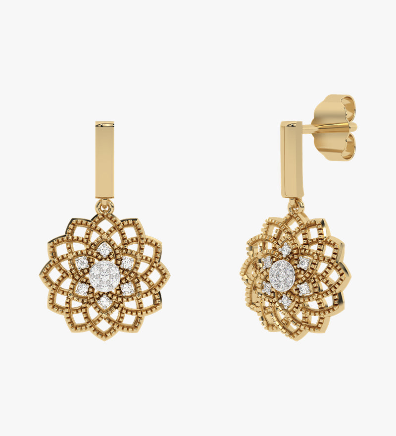 Złote kolczyki wiszące z kwiatowym wzorem i brylantami żółty - Venetia Jewels - 14K złoto z brylantami