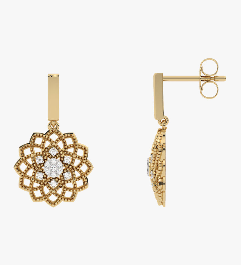 Złote kolczyki wiszące z brylantami w kształcie kwiatu, eleganckie i stylowe, idealne na specjalne okazje