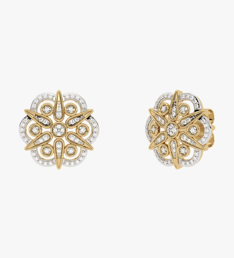 Złote kolczyki sztyfty z symetrycznym wzorem kwiatowym żółty - Venetia Jewels - 14K złoto z brylantami