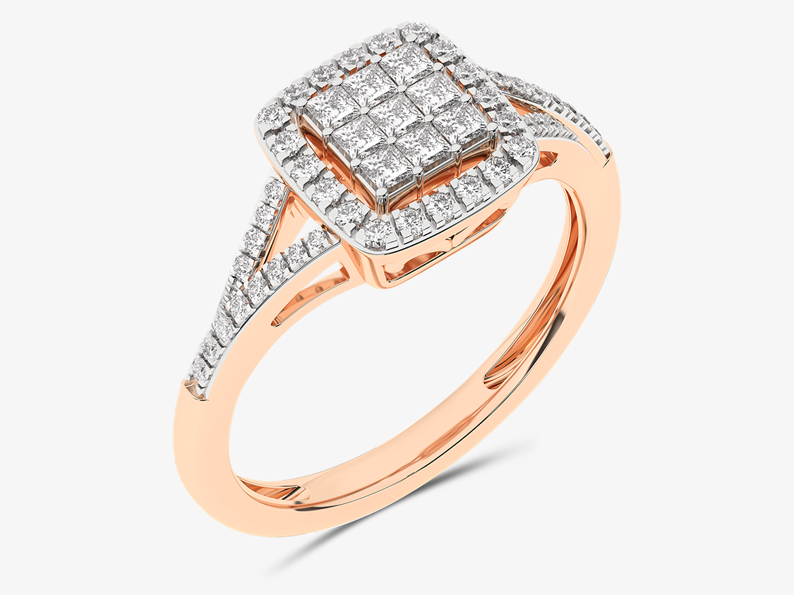 Złoty pierścionek z kwadratem brylantowym Pavé Różowy - Venetia Jewels - 14K złoto z brylantami