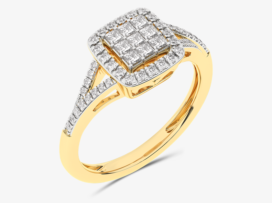 Złoty pierścionek z kwadratem brylantowym Pavé żółty - Venetia Jewels - 14K złoto z brylantami