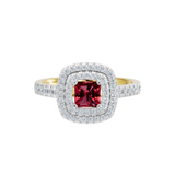 Złoty pierścionek z rubinem i brylantowym halo