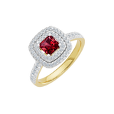 Złoty pierścionek z rubinem i brylantowym halo